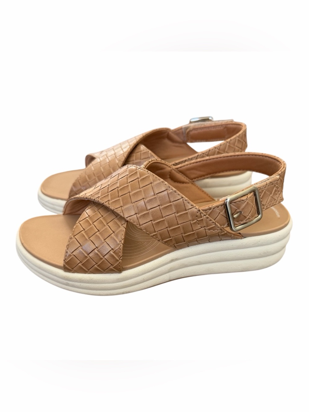 Clarks Tan Woven Slingback Sandals with White Platform Sole